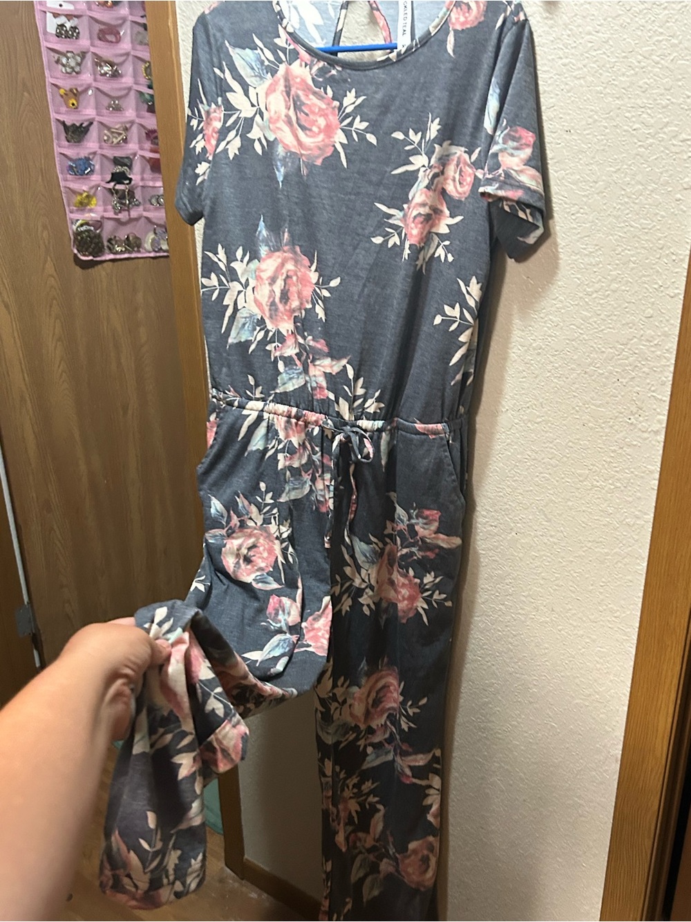 Tickled Teal Gray Floral Short-Sleeve Jumpsuit with Pink Roses
